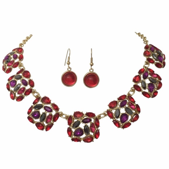 Red Purple Gem Squares Gold Necklace Earrings Set - Picture 1 of 3